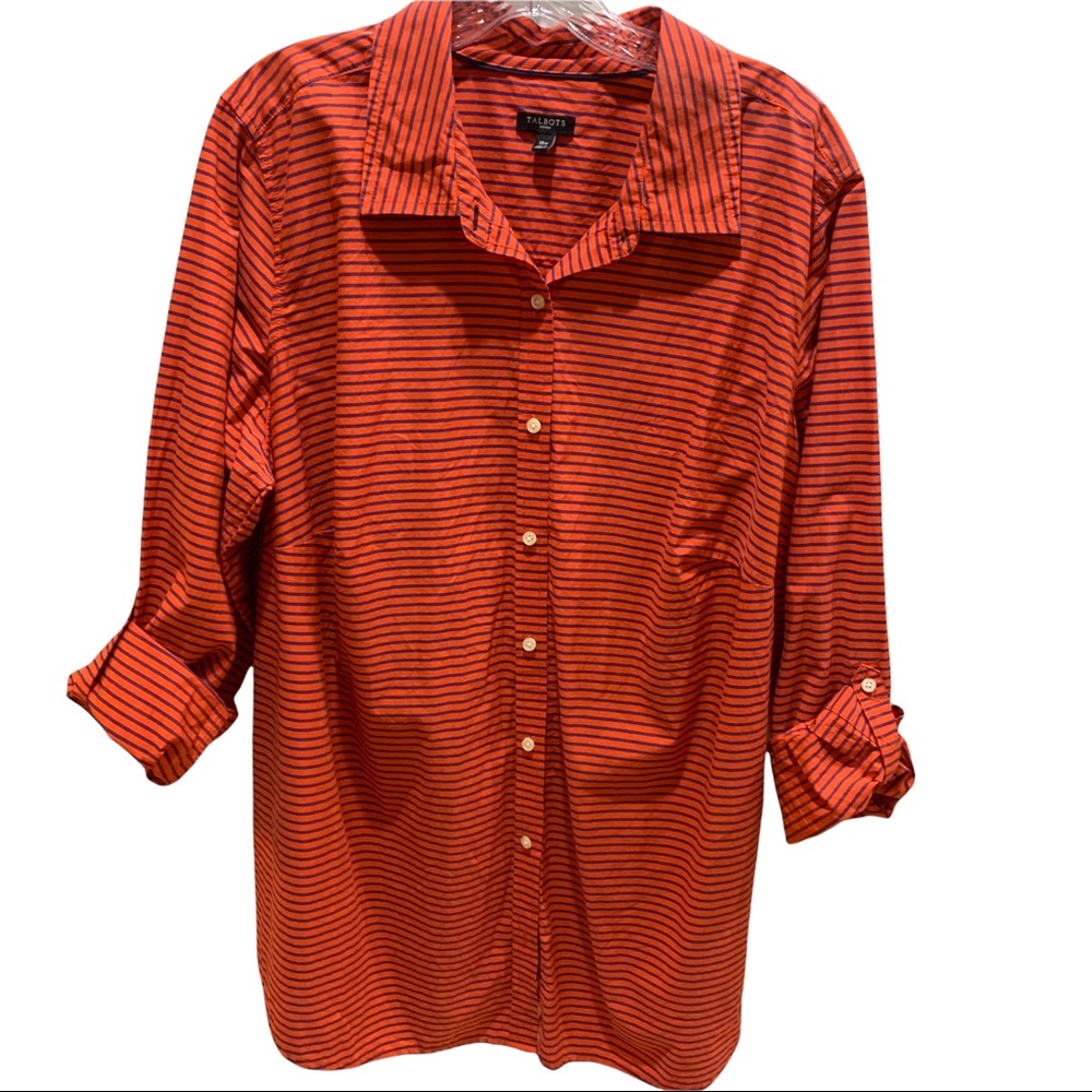 Talbots Woman Red/Blue Striped Button Down Cotton Tunic Blouse  Sz 18W